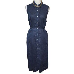 J.Jill Linen Navy Sleeveless Button-Down Midi Dress W/ Tie Belt & Pockets Size M